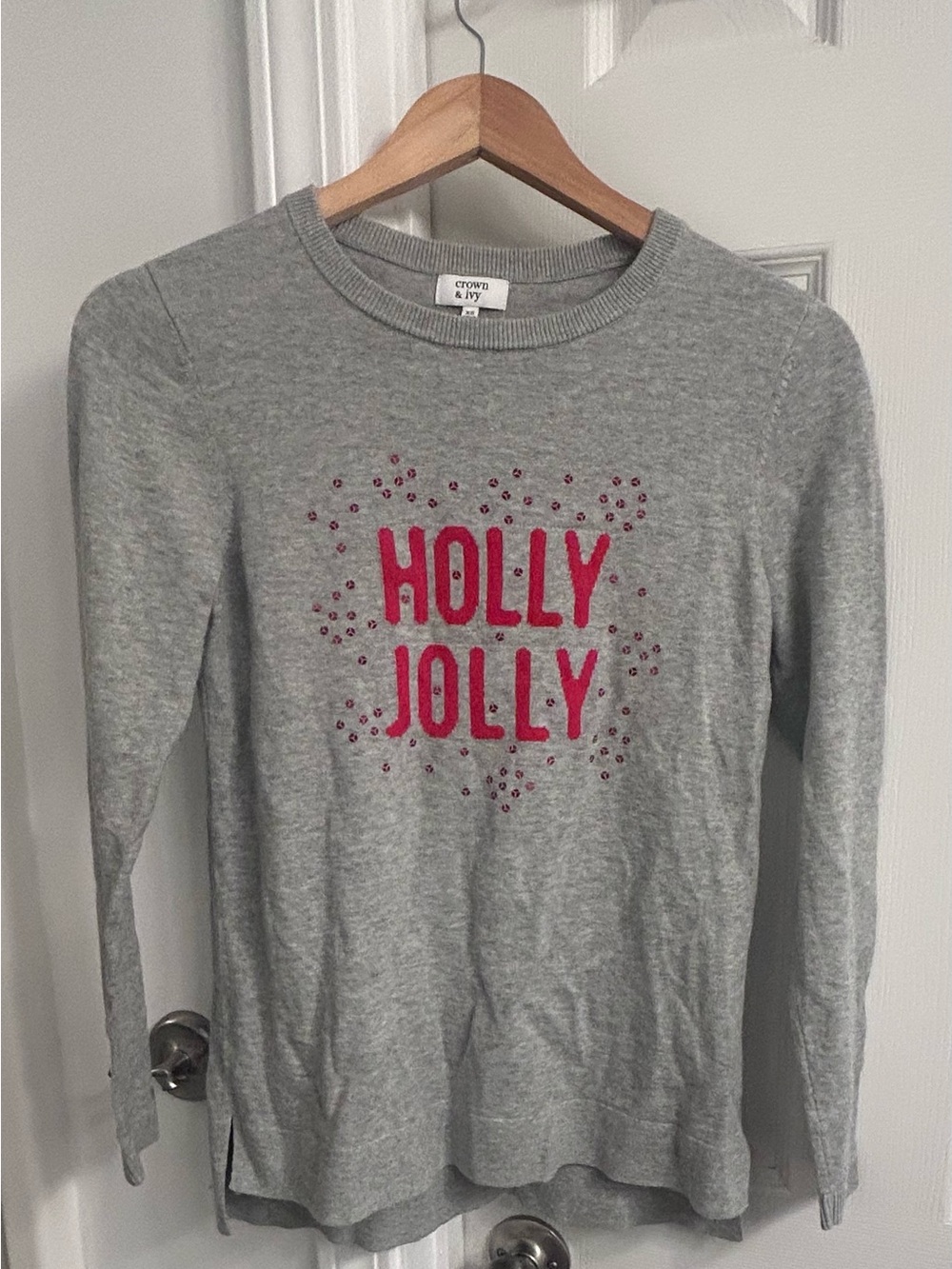 crown & ivy Grey Sweater with  'HOLLY JOLLY'
